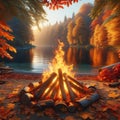 A lakeside with autumn leaves around a crackling bonfire, creating a cozy and warm atmosphere. landscape background, Nature