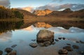 By the lakeside at Blea Tarn, Lake District with perfect reflections and golden light