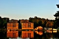 Lakeside buildings brightened up during sunrise