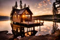 Lakeside cabin bathed in the warm hues of a breathtaking sunset