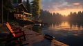 A lakeside cabin with a dock, kayaks, and a serene view of the calm waters at dawn.