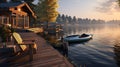 A lakeside cabin with a dock, kayaks, and a serene view of the calm waters at dawn.