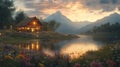 Lakeside cabin, mountain sunset, vibrant flowers Royalty Free Stock Photo