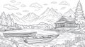 Rustic Cabin and Boats on Lake with Mountains in Black and White Line Art Royalty Free Stock Photo
