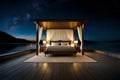 A lakeside cottage bedroom with a canopy bed and starry