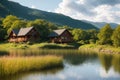 Lakeside cottages made with generative ai Royalty Free Stock Photo