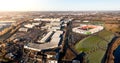 Aerial view of the Lakeside Village Shopping Outlet at Doncaster Rover Eco-Power stadium in Doncaster, UK