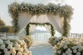 Lakeside elegance romantic wedding ceremony, white flowers, luxurious setup