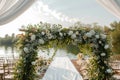 Lakeside elegance romantic wedding ceremony, white flowers, luxurious setup