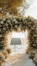 Lakeside elegance romantic wedding ceremony, white flowers, luxurious setup