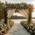 Lakeside elegance romantic wedding ceremony, white flowers, luxurious setup