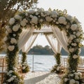 Lakeside elegance romantic wedding ceremony, white flowers, luxurious setup