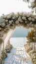 Lakeside elegance romantic wedding ceremony, white flowers, luxurious setup