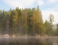 Lakeside forest at morning fog