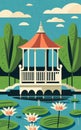Lakeside gazebo surrounded by water lilies., illustration