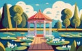 Lakeside gazebo surrounded by water lilies., illustration