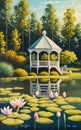 Lakeside gazebo surrounded by water lilies., Painting