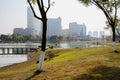 Lakeside grassy lawn in misty modern city at sunny winter noon