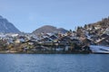 Lakeside homes seen from a cruise boat at Lake Thun, Switzerland, Europe Royalty Free Stock Photo