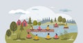 Lakeside mindfulness and meditation retreat in nature tiny person concept