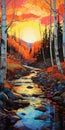 Glen With Sunset: Hyper Detailed Painting Of Birch Tree Forest