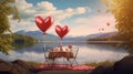 A lakeside picnic scene with heart balloons, where a couple enjoys a romantic Valentine\'s Day getaway Royalty Free Stock Photo