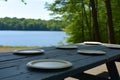 lakeside picnic table with empty plates