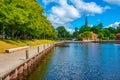 Lakeside promenade in Swedish town Vaxjo during a day Royalty Free Stock Photo