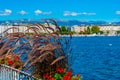 Lakeside promenade of the swiss city Geneva viewed behind a flow