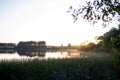 Lakeside reeds sunset loch, Scotland, beautiful view Royalty Free Stock Photo