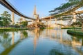 Lakeside scenery under Bhumibol Bridge or Industrial Ring Road with view of elevated highway interchange & bridge tower Royalty Free Stock Photo