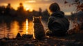 Lakeside Tranquility: A Boy and His Feline Pal