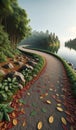 Lakeside Tranquility: Winding Gravel Path with Fallen Leaves, landscape background