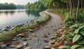 Lakeside Tranquility: Winding Gravel Path with Fallen Leaves, landscape background