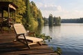 Lakeside tranquility Wooden pier with lounge chair amid the forest Royalty Free Stock Photo