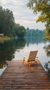 Lakeside tranquility Wooden pier with lounge chair amid the forest Royalty Free Stock Photo