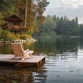 Lakeside tranquility Wooden pier with lounge chair amid the forest