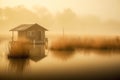 Lakeside Twilight: Charming Cabin Rests on the Water, Basking in the Tranquil Glow of Sunset, ai generative