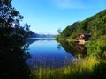 Beautiful scenic lakeside view with boathouse