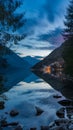 Lakeside view at twilight with calm water and distant illuminated town Royalty Free Stock Photo