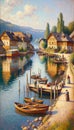 a lakeside village, capturing the daily life along the water\'s edge. Generative Ai