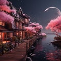 A lakeside village, small colorful houses, alleyways, blooming trees