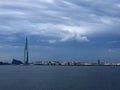 Lakhta center, Gazprom headquarters seen from ship, Europe`s tallest skyscraper, St. Petersburg