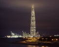 Lakhta center Skyscraper, head office and headquarters of Gazprom Corporation, night view. View from the sea on the background of