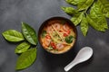 Laksa Soup Ã¢â¬â a Malaysian Coconut Curry Soup with shrimps over rice noodles topped with fresh bean spouts cucumber  lime  red Royalty Free Stock Photo