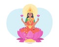 Lakshmi goddess on lotus flower 2D vector isolated illustration