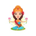 Lakshmi Indian goddess of wealth, grace and charm cartoon vector Illustration on a white background
