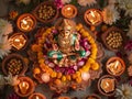 Lakshmi love and wealth statue idol surrounded by diya lamps, pink lotus flowers and dessert sweets during Diwali day that the Royalty Free Stock Photo