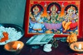 Lakshmi Pooja festival being celebrated at Indian home. Laxmi is also known as Goddess of wealth, picture for lakshmi puja. Diwali Royalty Free Stock Photo