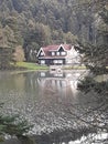 the lakside house in the naturel park in the evening Royalty Free Stock Photo